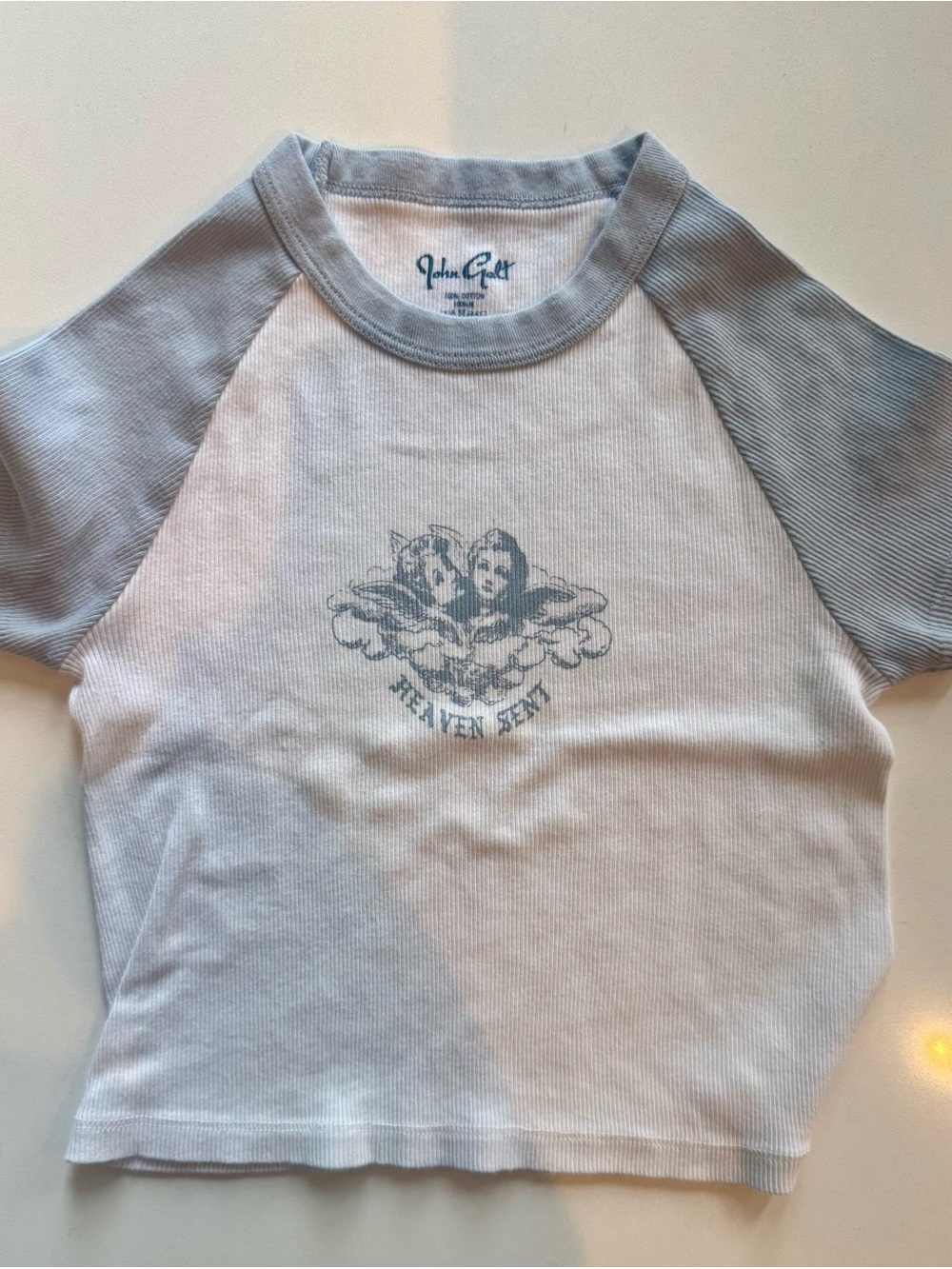 Brandy Melville Light Blue Raglan Tee with Cherub Graphic